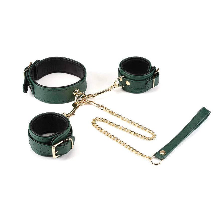 MOSSY PREMIUM LEATHER COLLAR WITH CUFFS AND NIPPLE CLAMPS