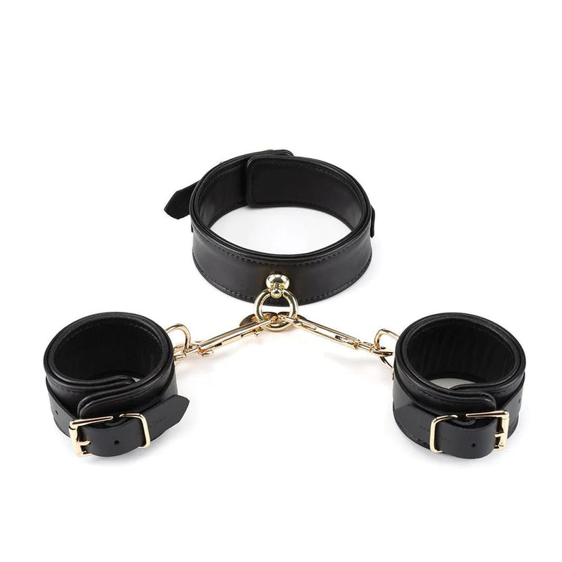 COLLAR PREMIUM NOIR LEATHER WITH CUFFS AND NIPPLE CLAMPS
