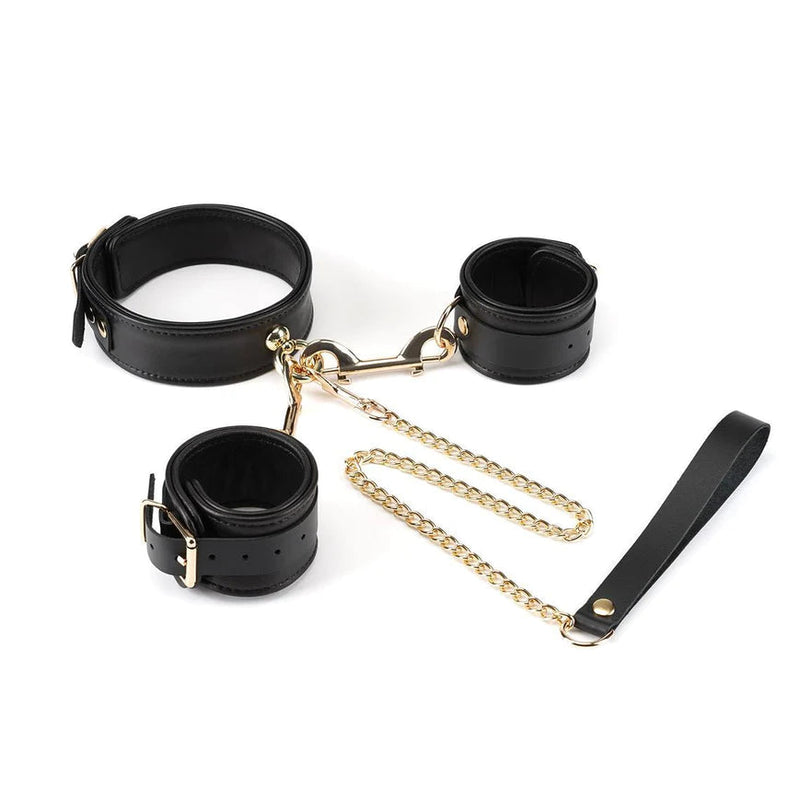 COLLAR PREMIUM NOIR LEATHER WITH CUFFS AND NIPPLE CLAMPS